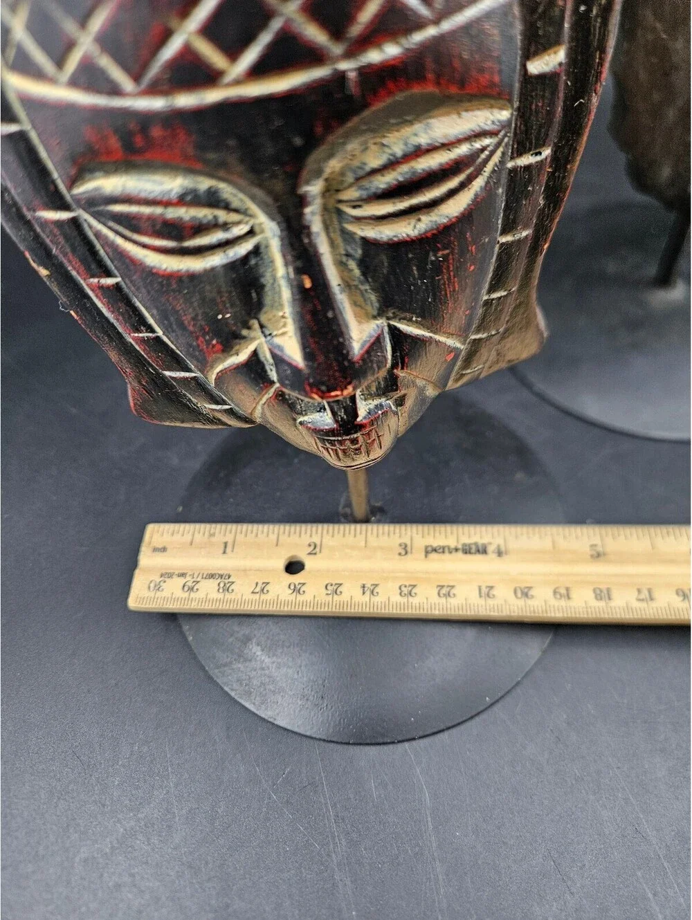 2 Vintage Hand-Carved Tribal Mask Pillar Candle Holders Iron Stands Folk Art